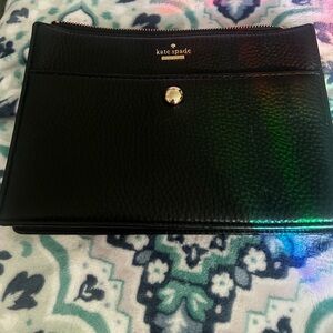 kate spade Black Pebbled Leather Zip Pouch with Button Pocket